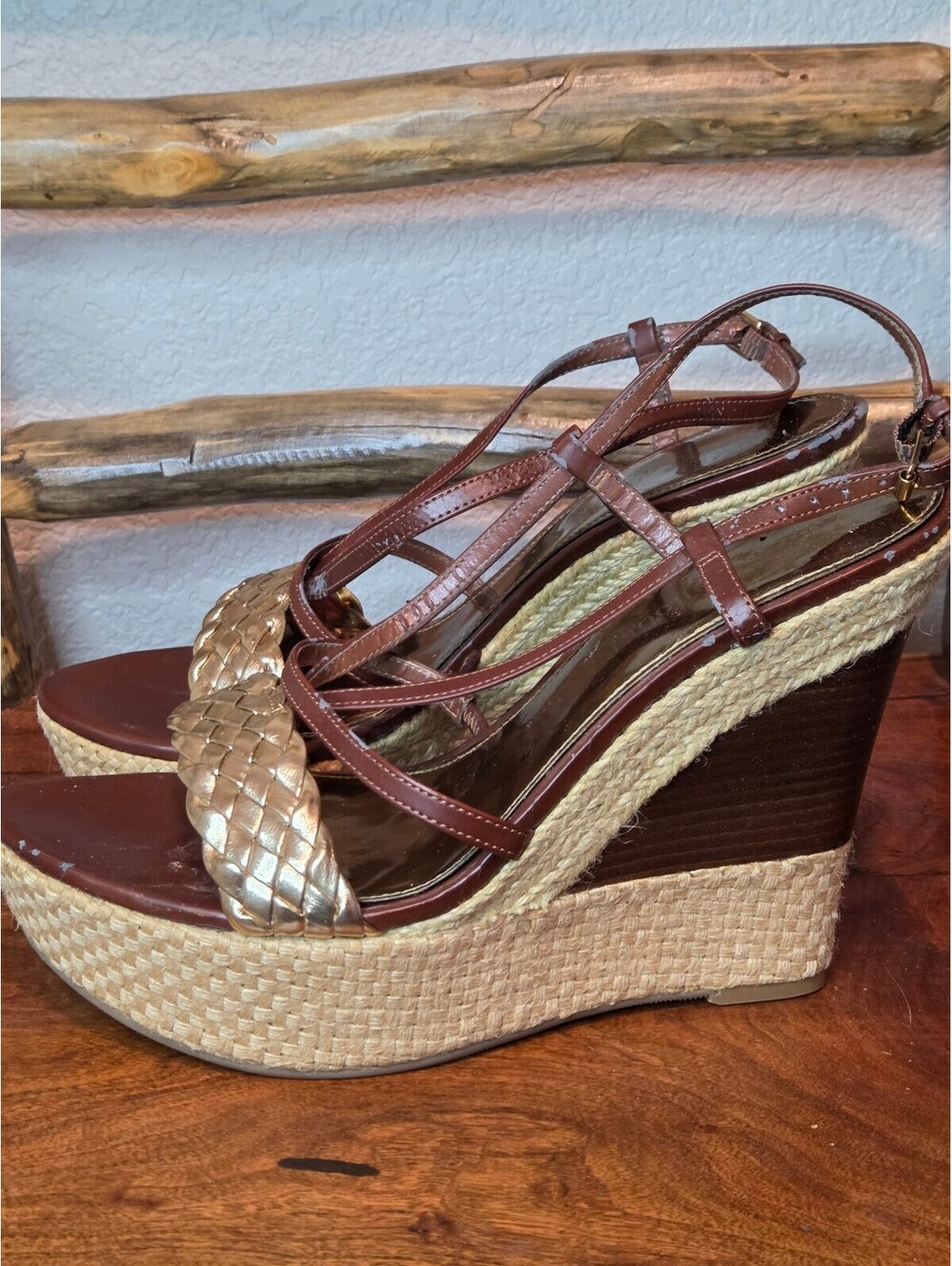 Audrey Brooke Brown and Gold Wedge Sandals with Braided Detail, 10